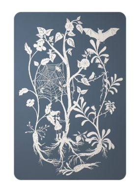White floral/nature type design on a blue-gray background